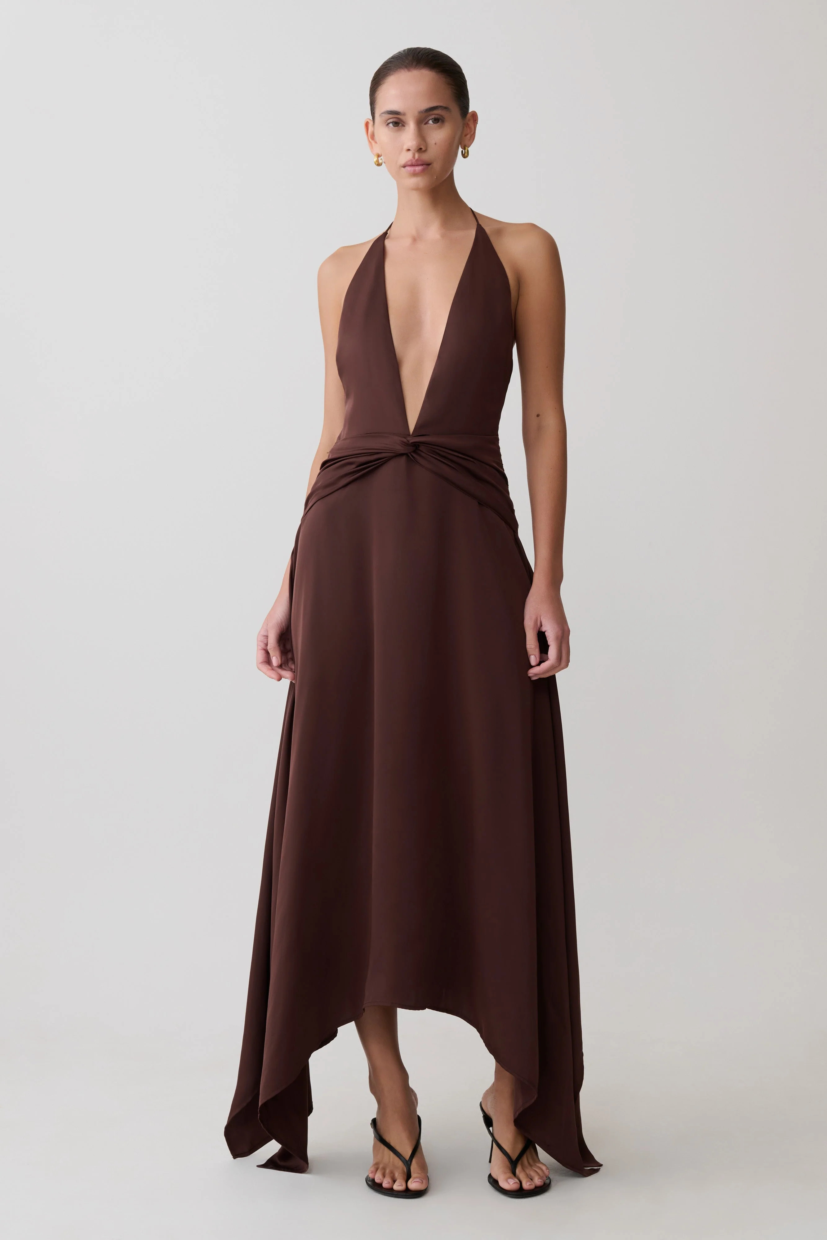 Plunge Satin Midi Dress - Dark Chocolate | MESHKI US