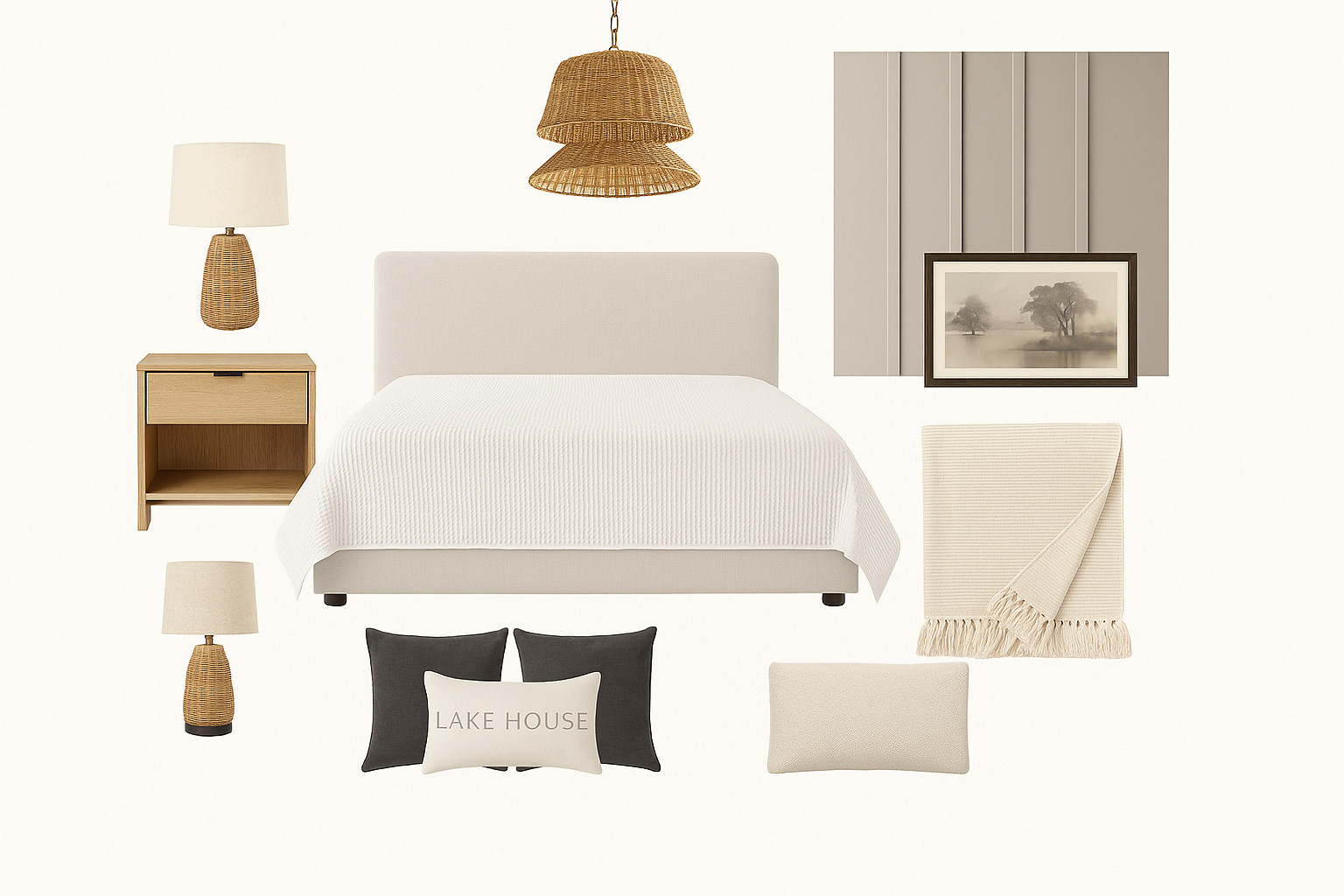 Dreamy lakehouse room with double board and batten accent wall. Painted soft with Sherwin Williams Whisper color... #lakehouse #bedroom #rattan #boucle 

 #LTKHome