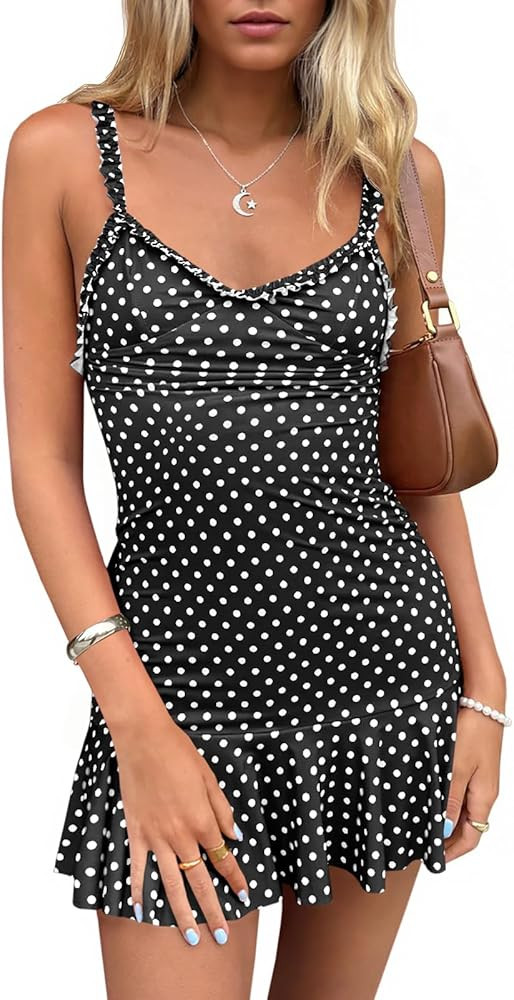 Wenrine Womens Spaghetti Strap Mini Dresses Casual Sleeveless V Neck Polka Dot Ruffle Summer Beac... | Amazon (US)