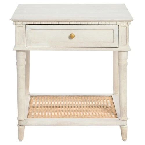 Talia Updated Traditional Distressed White Wood Woven Cane Side Table | Kathy Kuo Home