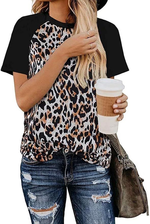 OWIN Women's Summer Raglan Short Sleeve Shirts Leopard Print Tops Blouse | Amazon (US)