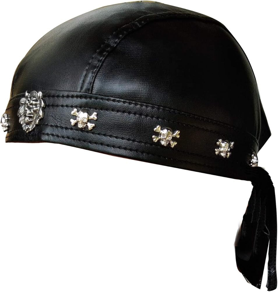 Faux Leather Biker Skull Cap Motorcycle Bandana Head Wrap Du Doo Do Rag Black Hat | Amazon (US)