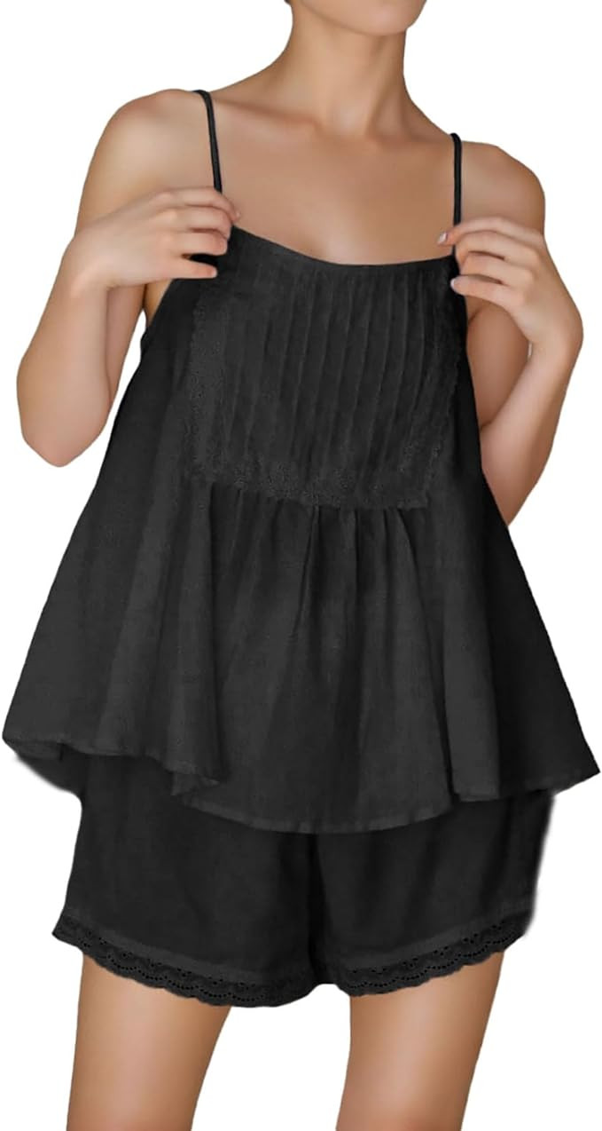 Womens Summer 2 Piece Set Sleeveless Tie Straps Ruffle Trim Top and Shorts Sets Soft Cozy Pajamas... | Amazon (US)