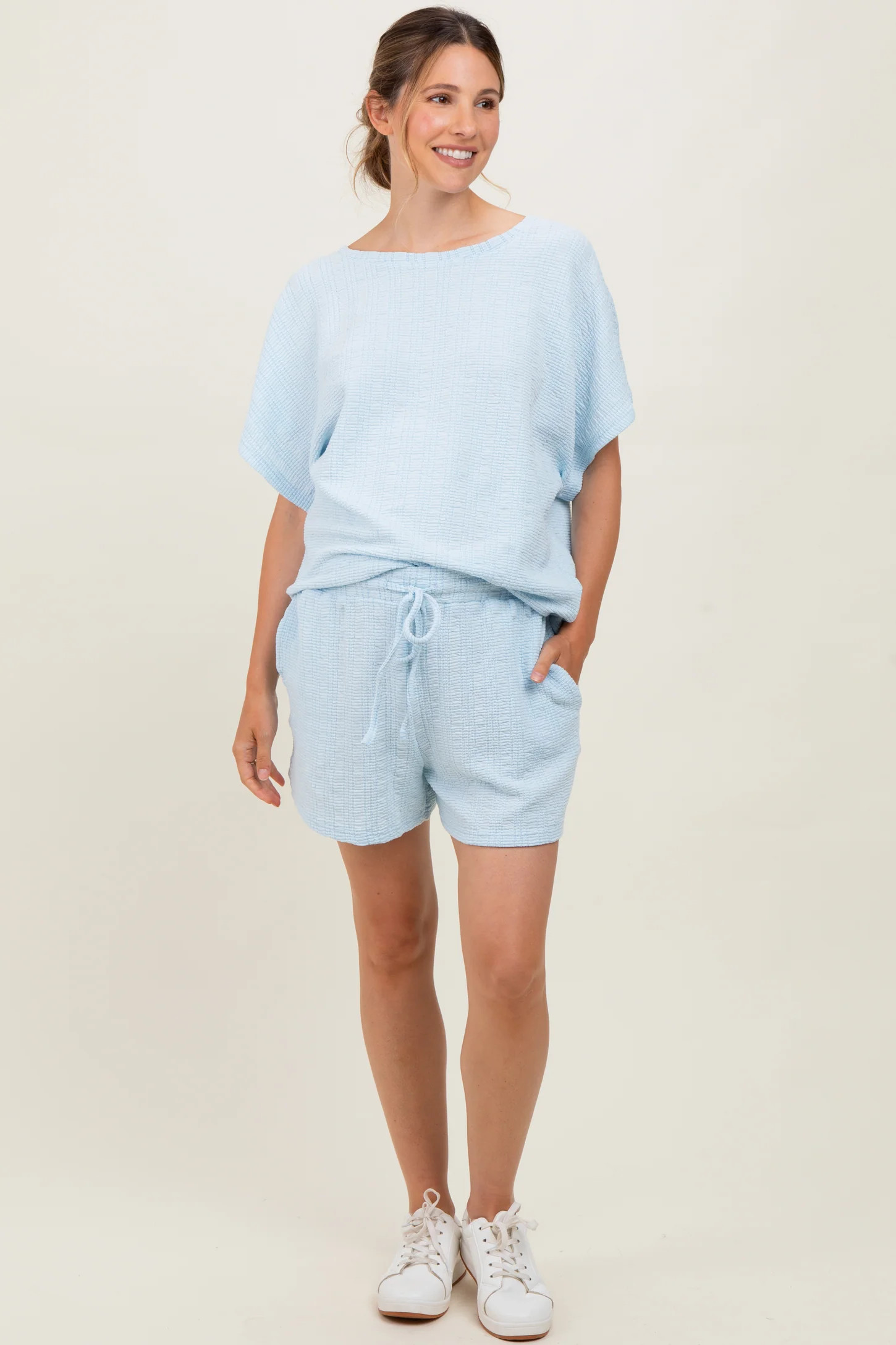 Light Blue Textured Knit Dolman Sleeve Top Shorts Maternity Set | PinkBlush Maternity