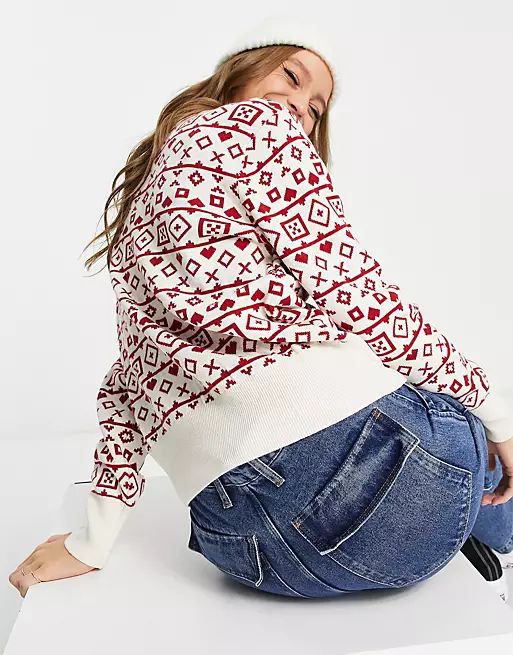 Monki Christmas knit sweater in beige and red fairisle | ASOS (Global)