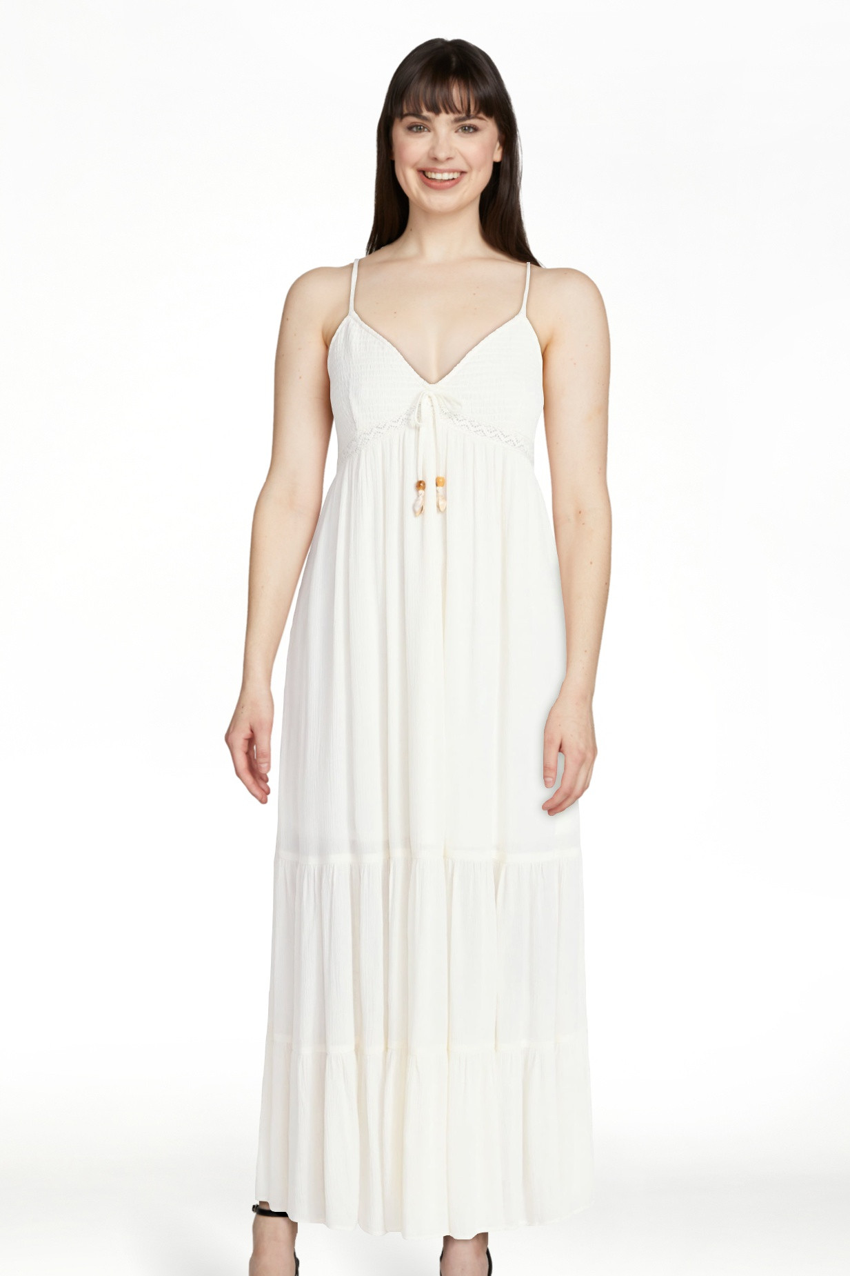 No Boundaries Crochet Lace Trim Tiered Maxi Dress, Women's XXS-XXL | Walmart (US)