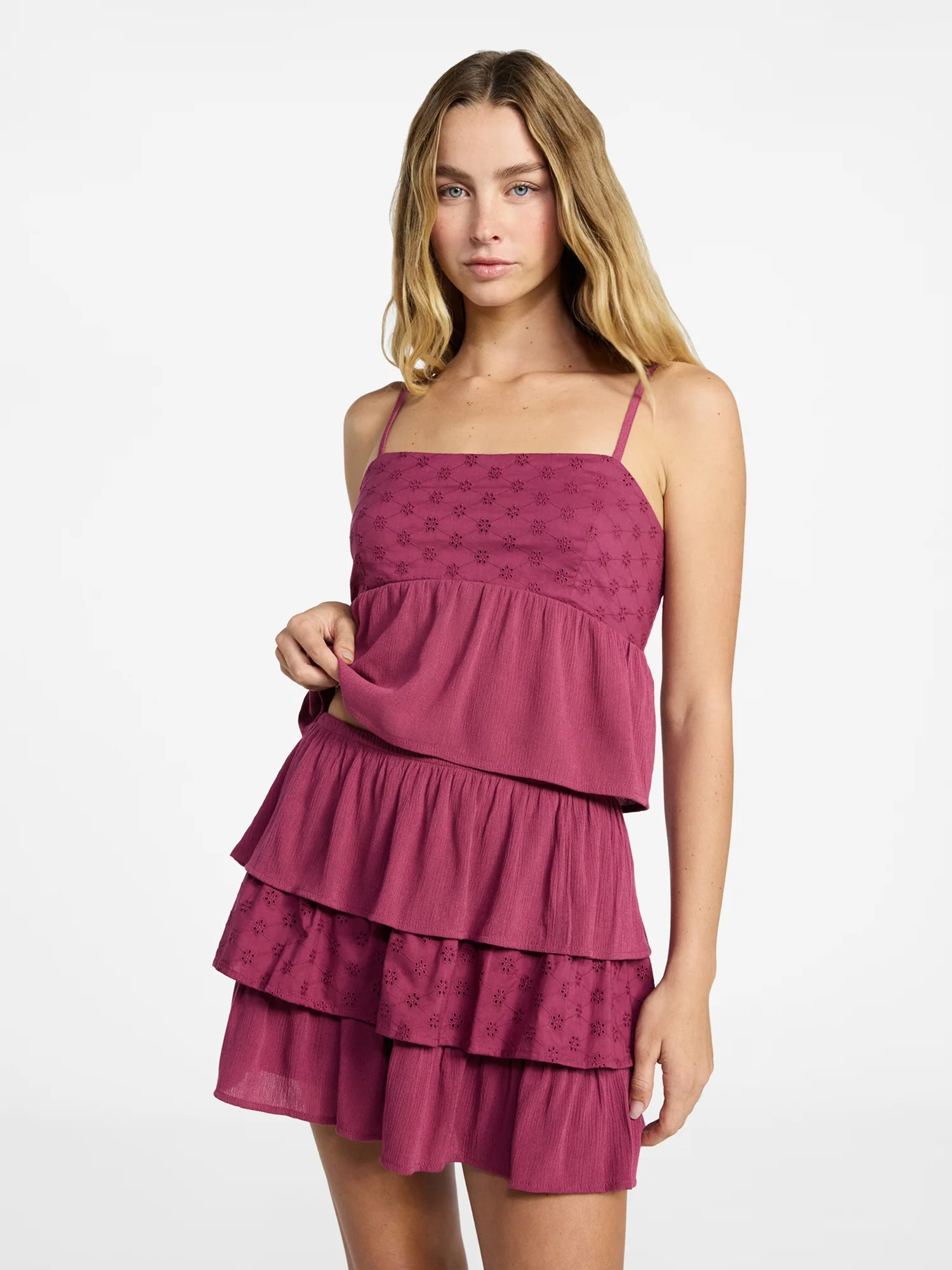 No Boundaries Woven Eyelet Cropped Cami and Mini Skirt Set, 2-Piece, Women's XXS-XXL | Walmart (US)
