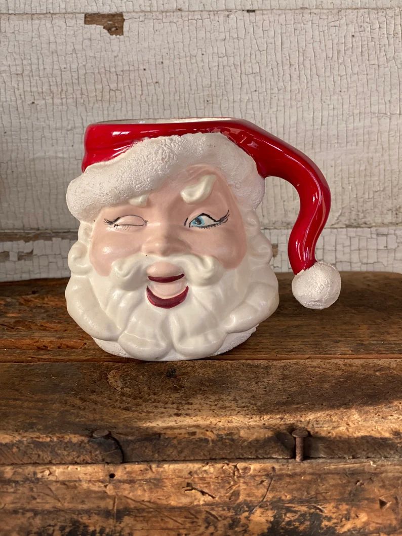 Vintage winking Santa mug/Farmhouse Christmas decor | Etsy (US)