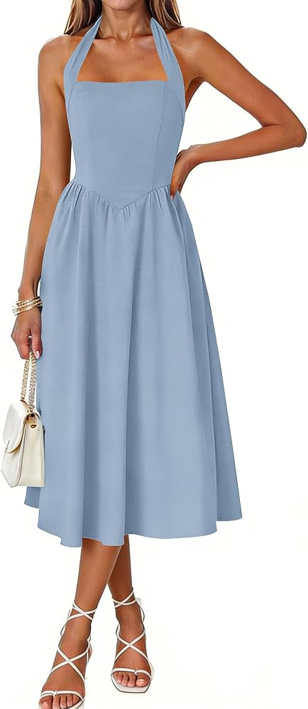 Naggoo Women's Summer Halter Midi Dress Sleeveless High Waist Swing Beach Long Dresses | Amazon (US)