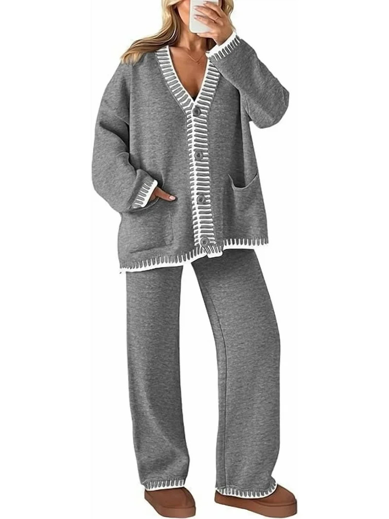 PRETTYGARDEN Women's 2 Piece Outfits Knit Matching Lounge Sets Long Sleeve V Neck Cardigan Sweate... | Walmart (US)