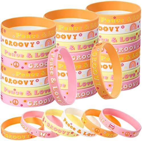 28 Pieces Groovy Retro Hippie Silicone Wristbands Daisy Flower Peace and Love Rubber Bracelets Gr... | Amazon (US)