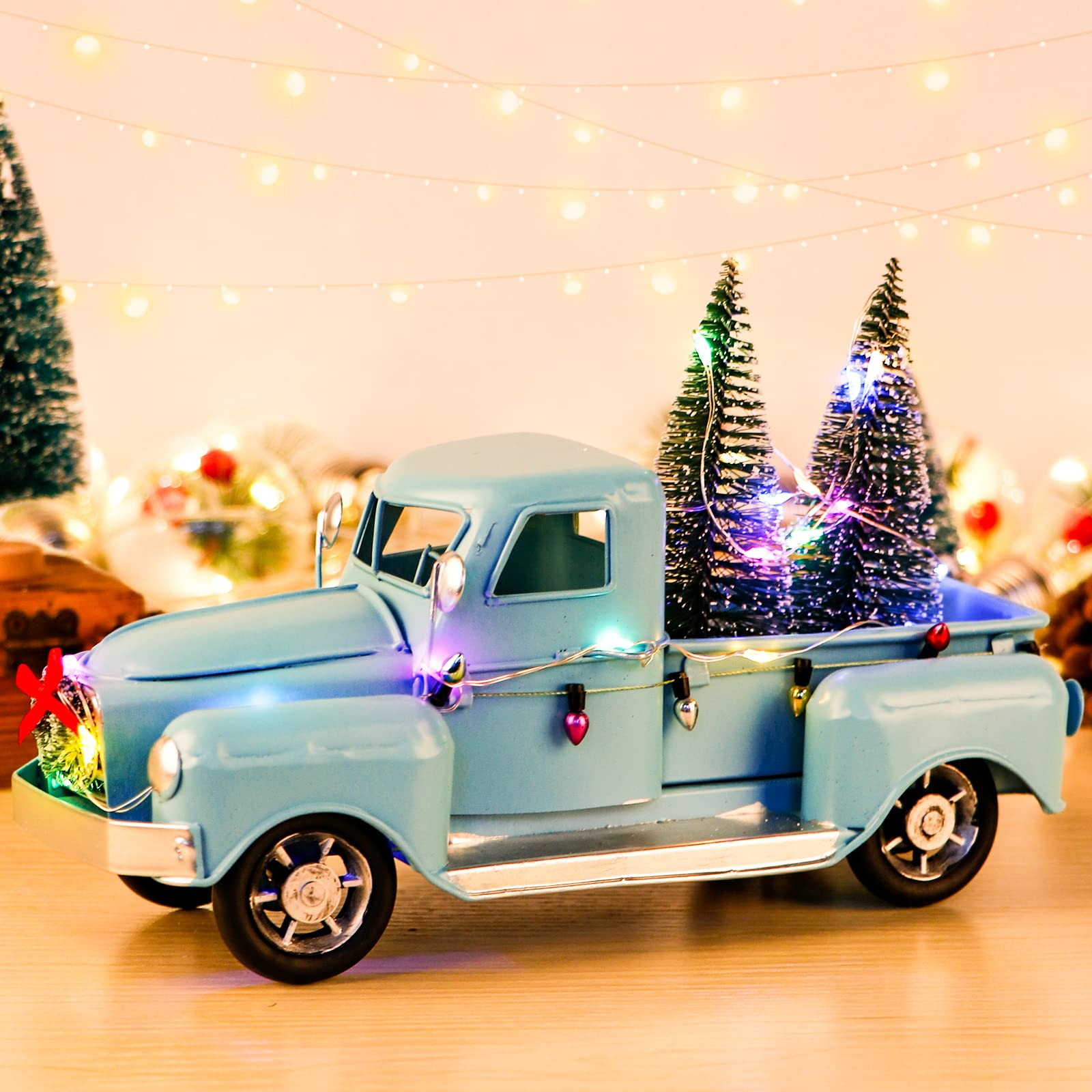 AerWo Farmhouse Vintage Blue Metal Truck Decor with LED String Lights, Mini Christmas Trees and O... | Amazon (US)