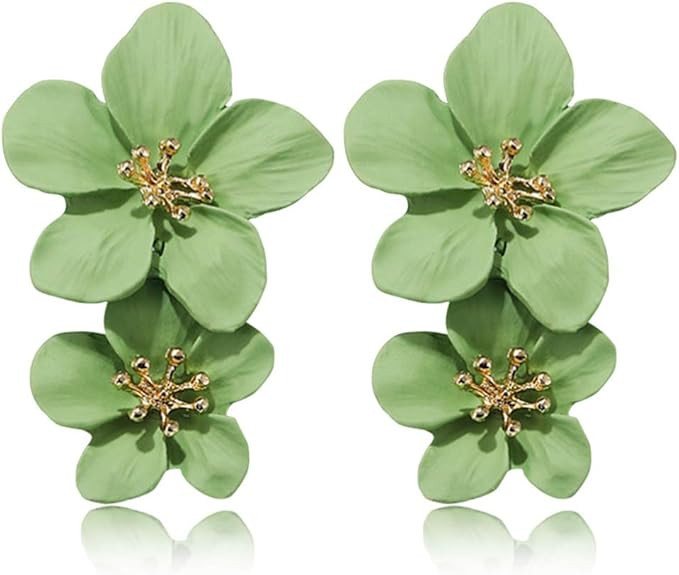 D.Rosse Large Metal Double Flower Matt Earring Chic Statement Dangle Drop Wedding Earrings For Wo... | Amazon (US)