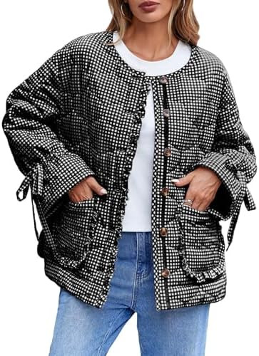 Tankaneo Womens Cropped Quilted Puffer Jackets Lightweight Plaid Button Down Bow Padded Down Coat | Amazon (US)