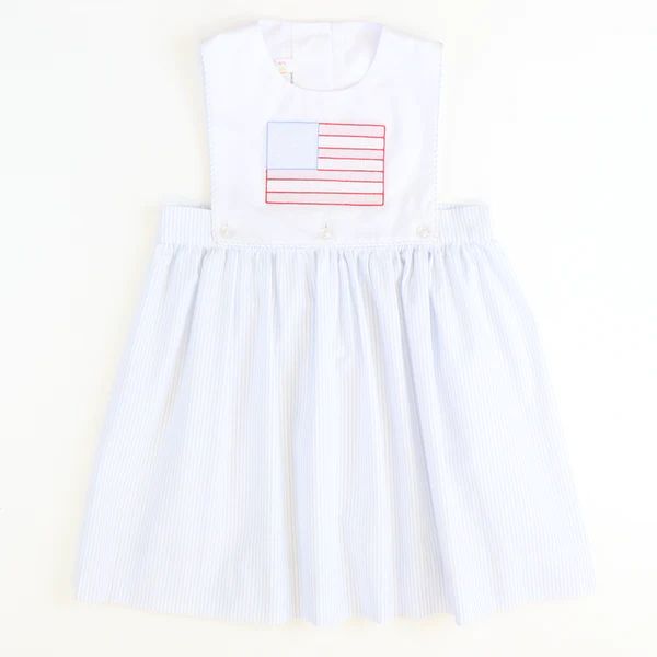 Americana Embroidered Flag Dress - Light Blue Stripe Seersucker | Southern Smocked Co.