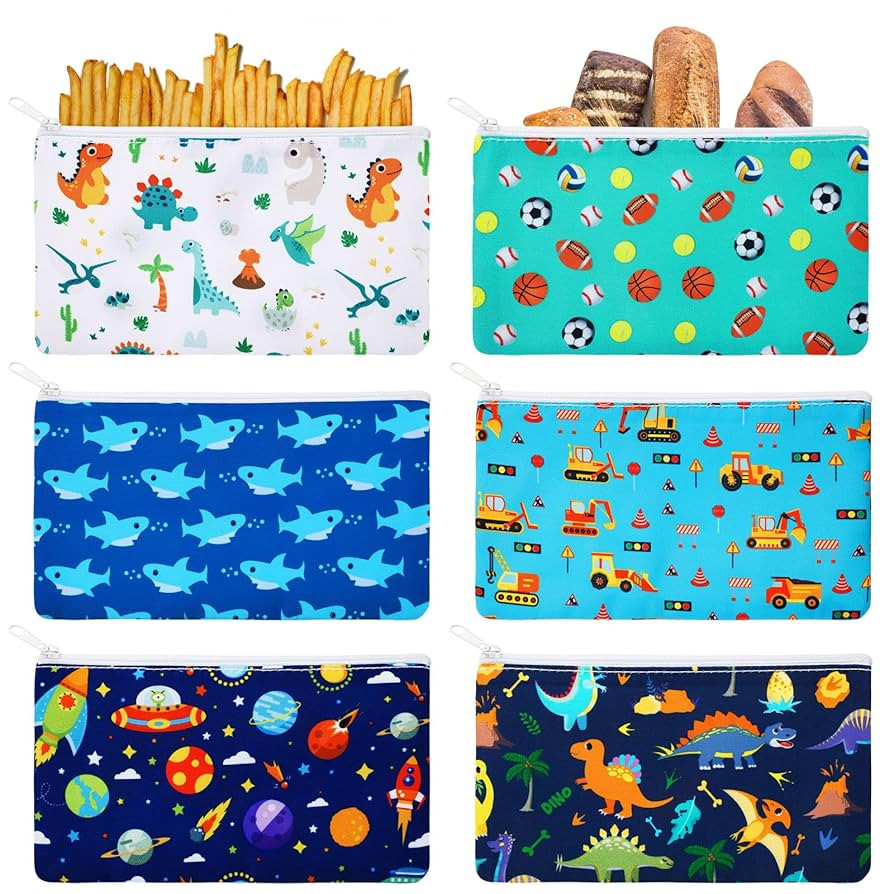 6 Pieces Reusable Snack Bags Kids Food Safety for School Boys Washable Sandwich Bags with Zipper ... | Amazon (US)
