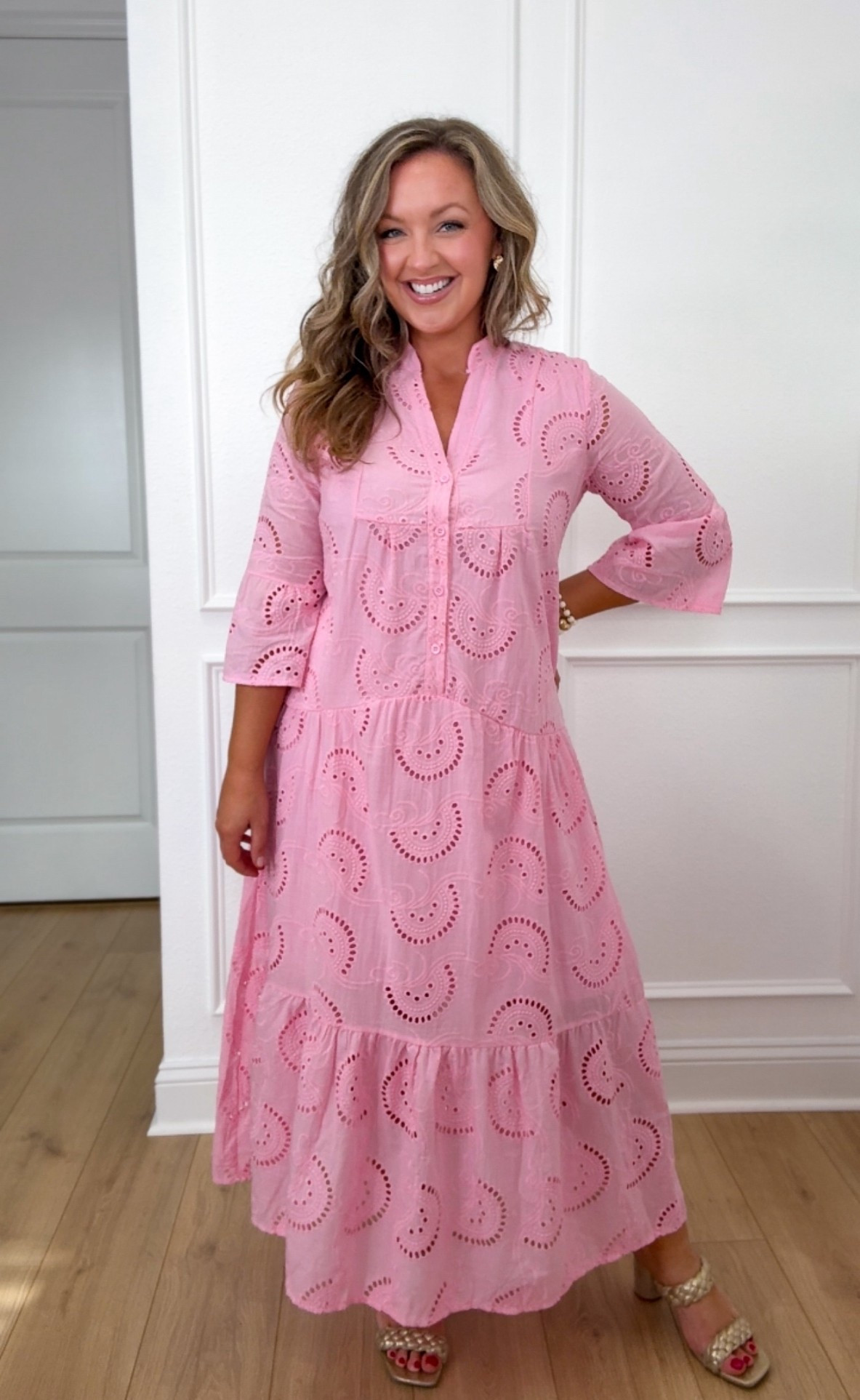 the perfect dress for your next vacation! This pink eyelet maxi dress is so stunning. I am 5’5” Size 8/10 wearing M. beach vacation dress, cruise dress, eyelet dress. #summerdress #vacationdress #amazonfashion #beachoutfit 

 #LTKSeasonal #LTKFindsUnder50 #LTKTravel