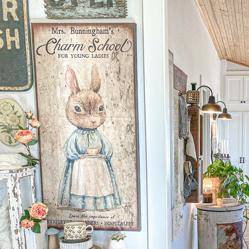 Vintage Charm School Sign, Vintage Farmhouse Sign, Vintage Rabbit Decor, Vintage Inspired Art, Ru... | Etsy (US)