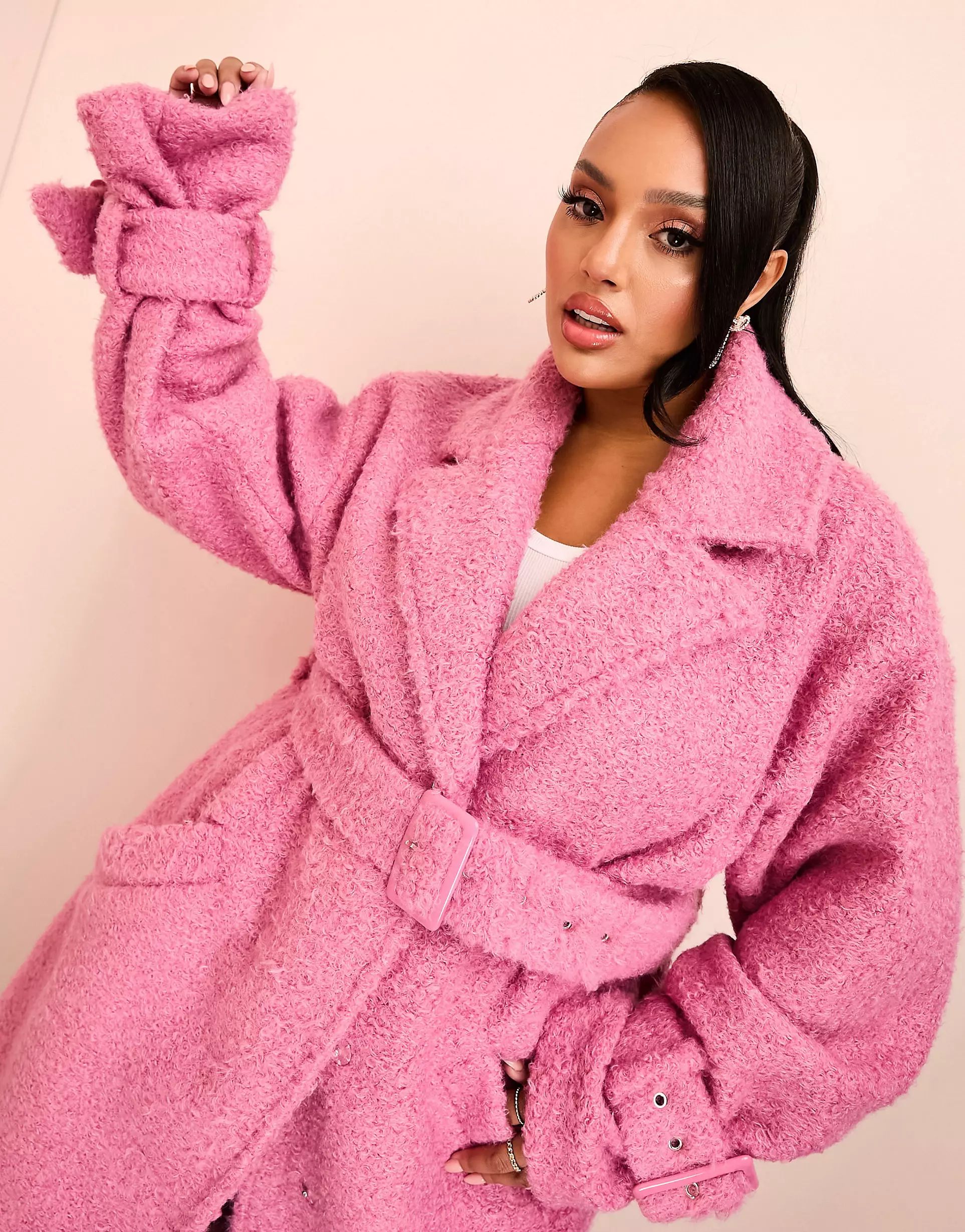 ASOS LUXE Curve borg long line trench coat with belted waist in pink | ASOS (Global)