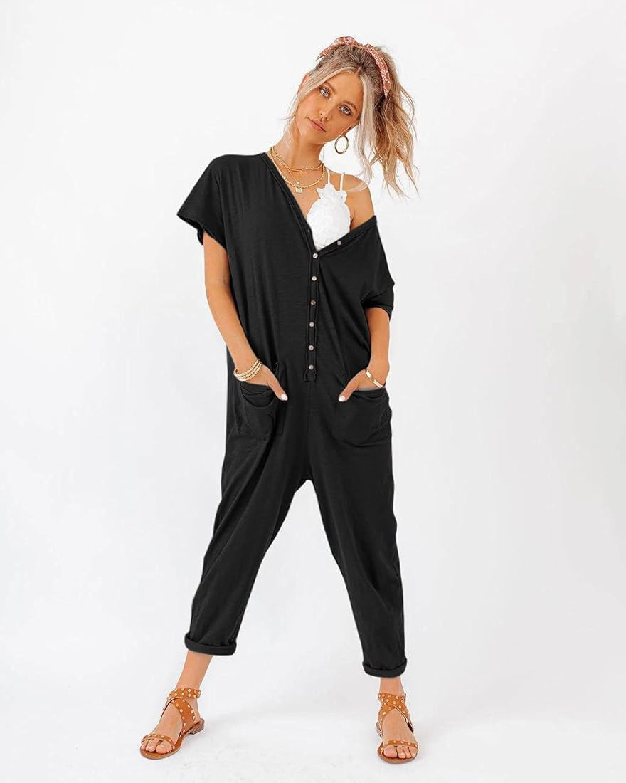 Aoysky Oversize Women's One Piece Button Up Jumpsuit Casual Loose Short Sleeve V Neck Onesies Rom... | Amazon (US)