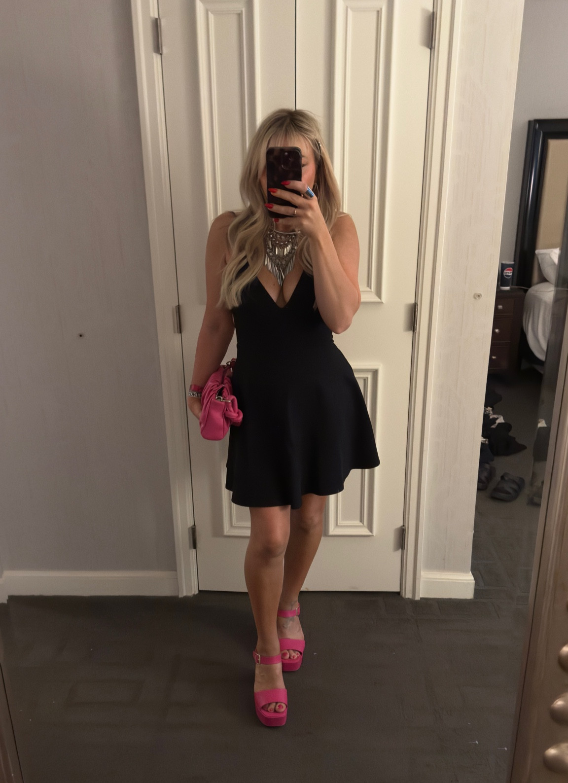 Lulu’s Love Galore Black Deep V Open Back Double Strap Skater Dress size small 
Pink purse 
Pink platform shoes size small 

#LTKvlog #LTKTravel #LTKootd