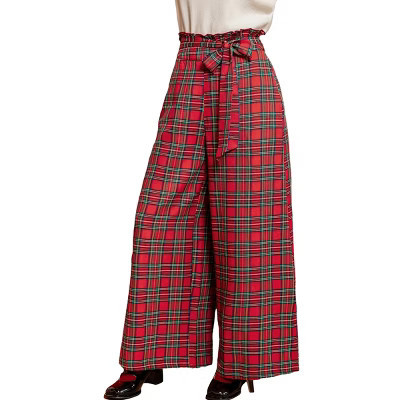 Women's Red Festive Plaid Wide-Leg Pants with Paperbag Waist - Cupshe-M-Red | Target