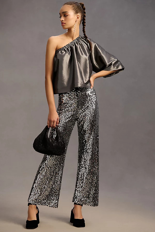 The Colette Cropped Wide-Leg Sequin Pants By Maeve in Silver Size 28 | Anthropologie (US)