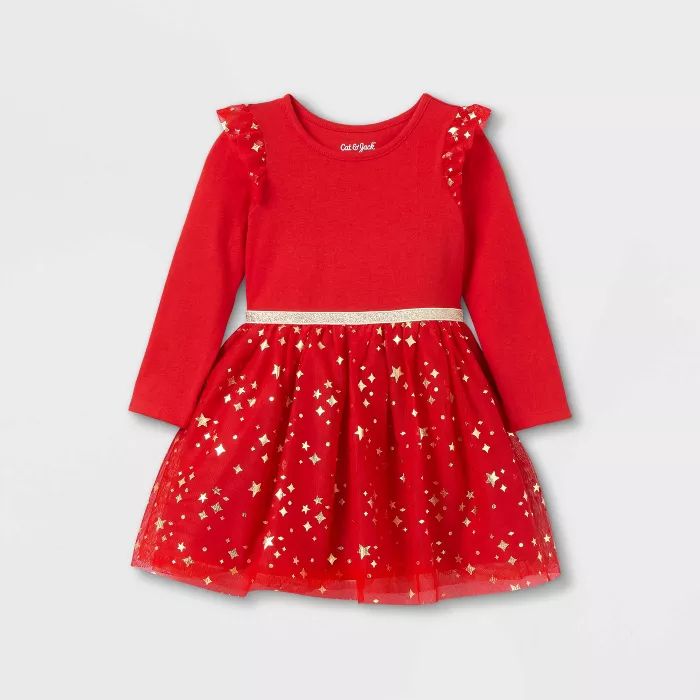 Toddler Girls' Glitter Holiday Long Sleeve Tutu Dress - Cat & Jack™ Red | Target