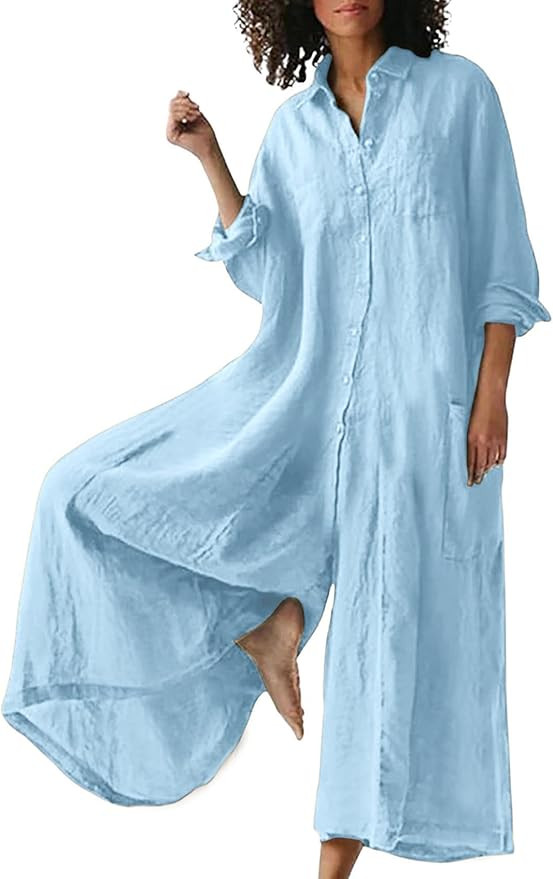 CHARTOU Women Linen Button Down Long Sleeve Wide Leg Jumpsuit Beach Palazzo Pants One Piece Jumps... | Amazon (US)