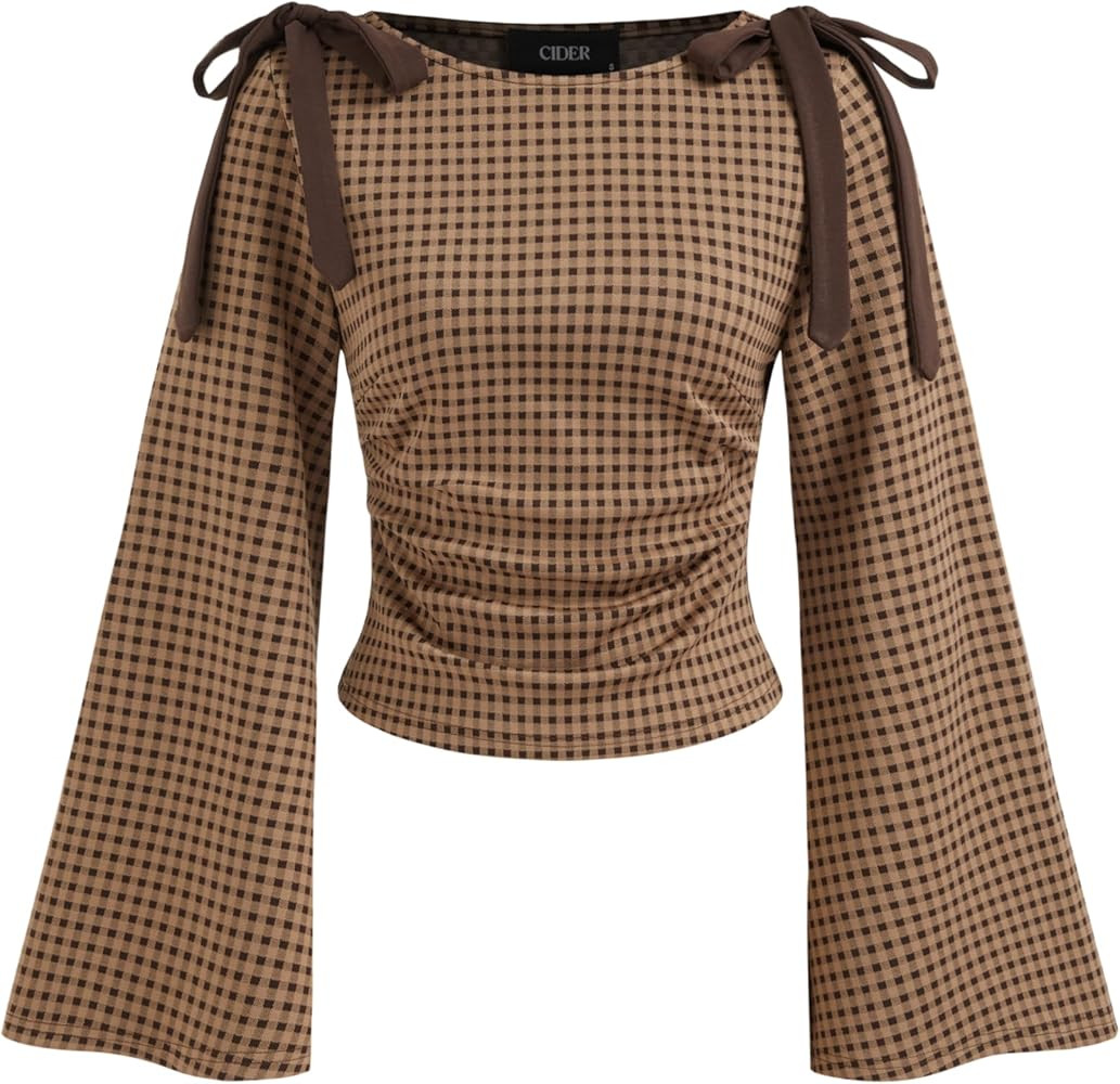 CIDER Tops Gingham Bowknot Ruched Long Sleeve Boat Neck Slim Fit Top | Amazon (US)
