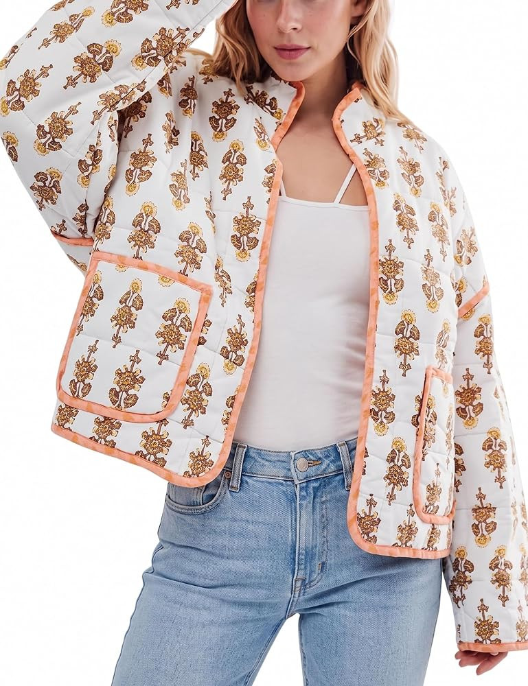Omoone Women Cropped Quilted Jacket Floral Printed Lightweight Puffer Coat | Amazon (US)