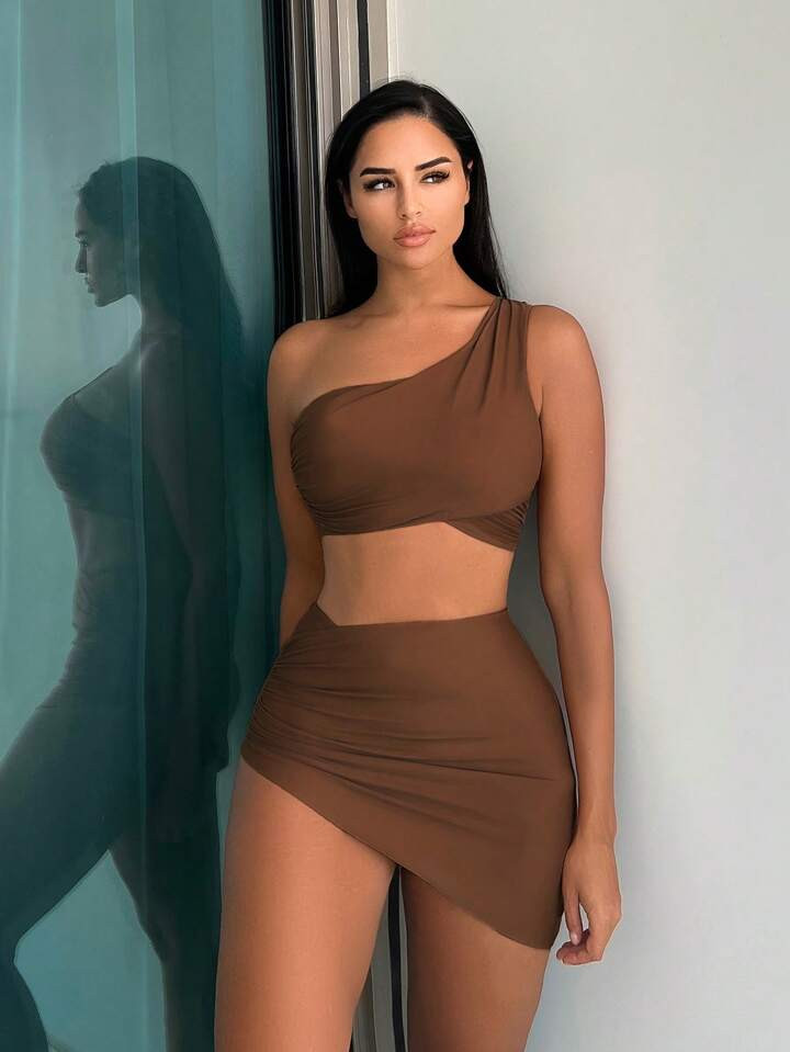 SHEIN Swim Summer Beach One Shoulder Bikini Swimsuit With Beach Skirt | SHEIN