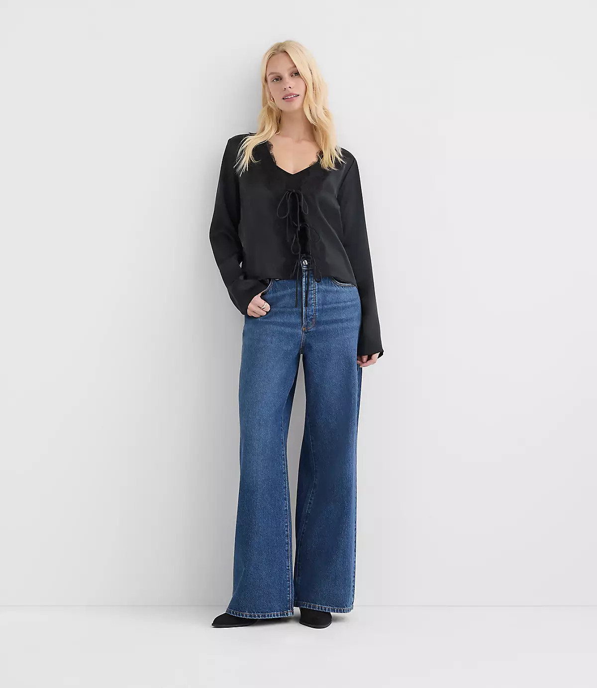Rivete High Rise Relaxed Wide Leg Jeans in Mid Wash | LOFT
