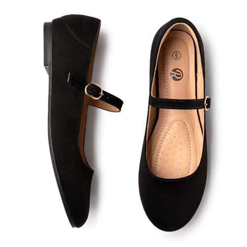Rekayla Mary Jane Ballets Flats Shoes Women Dressy Comfortable Round Toe Slip on Ballet Flat Adjustable Buckle Casual Shoes Suede Black Flats for Women Size 8 | Amazon (US)