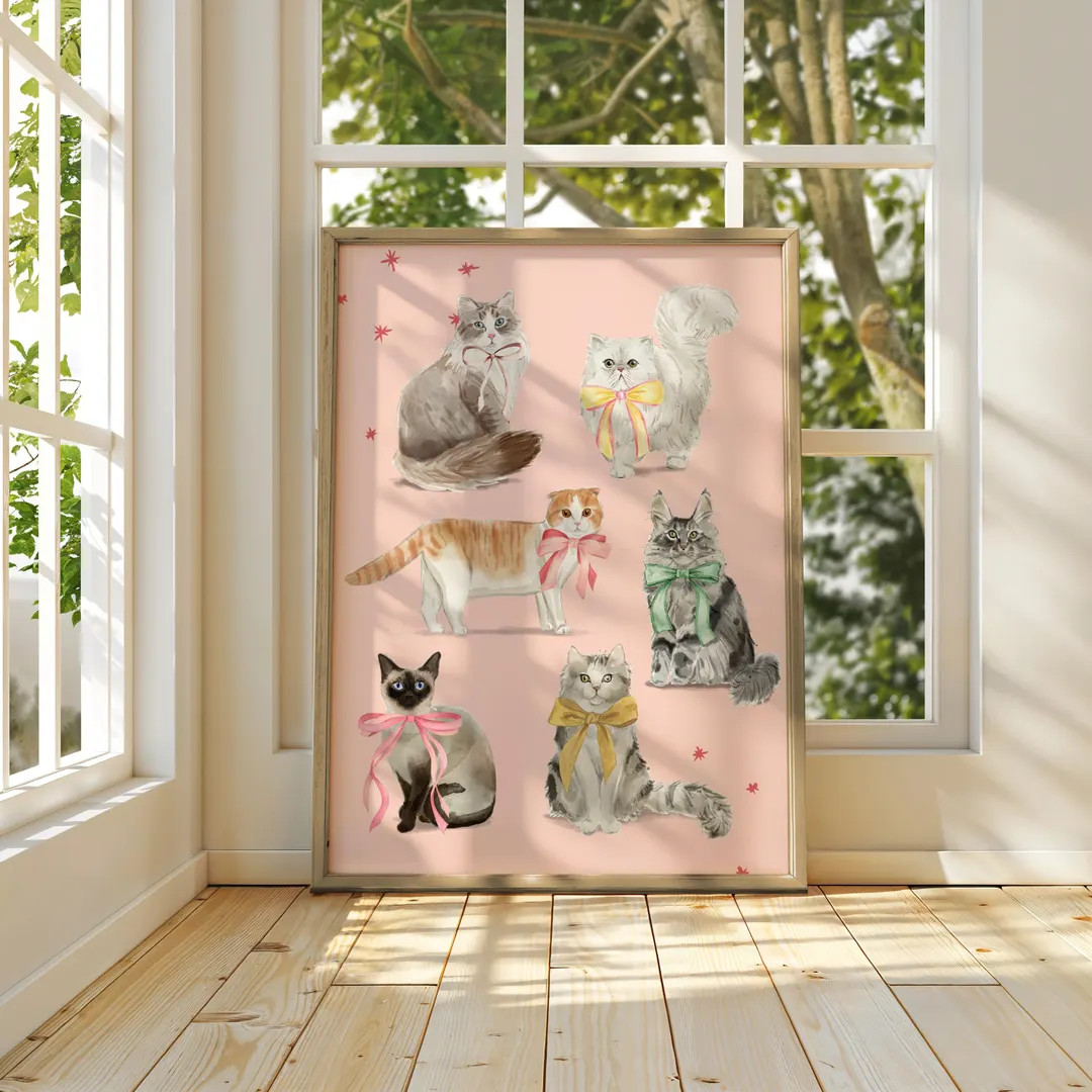 Coquette Cats Watercolor Art Print: Pink Bows, Teen Bedroom (digital Download) - Etsy | Etsy (US)