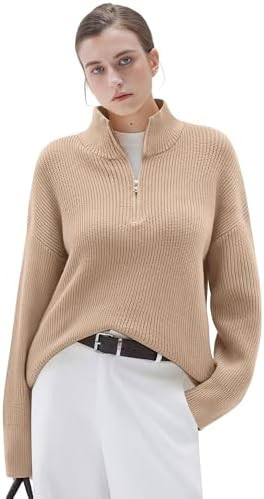 SUUKSESS Women Oversized Cashmere Blend Quarter Zip Pullover Sweater Long Sleeve Collared Ribbed ... | Amazon (US)
