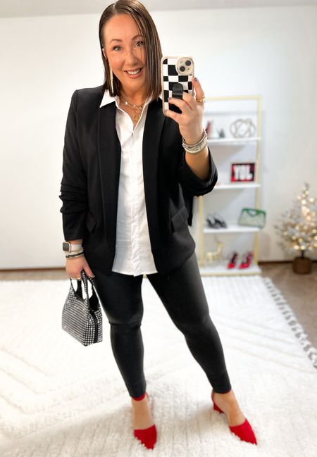 Walmart white button down top and blazer styled for the holidays!  Such a simple and affordable look!

XL blazer. XL button down. Large leggings. Here run tts. Linked a few different options  

#LTKSeasonal #LTKmidsize #LTKHoliday
