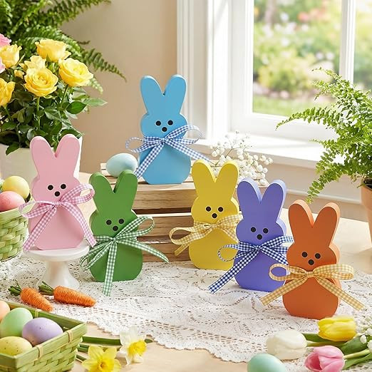 Easter Decorations for Home, 6 Pcs Wooden Bunny Table Decorations Signs with DIY Ribbons, Indoor ... | Amazon (US)