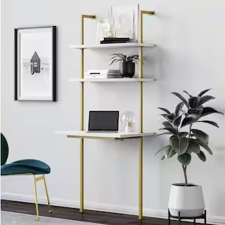 Nathan James Theo 73 in. White Wood and Gold Brass Metal 2-Shelf Wall-Mount Ladder Writing Desk T... | The Home Depot