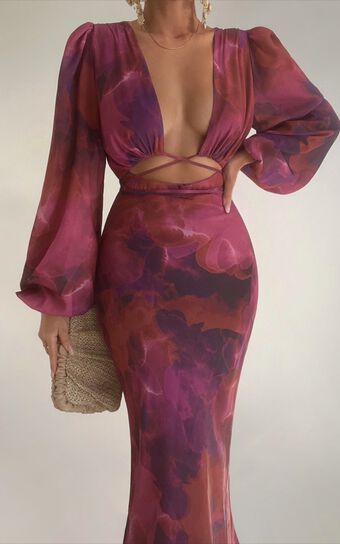 Artola Midi Dress - Front Cut Out Long Sleeve Dress in Blurred Dreams | Showpo (US, UK & Europe)