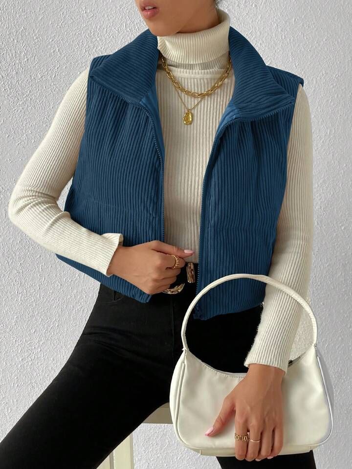 SHEIN EZwear Zip Up Corduroy Vest Coat | SHEIN