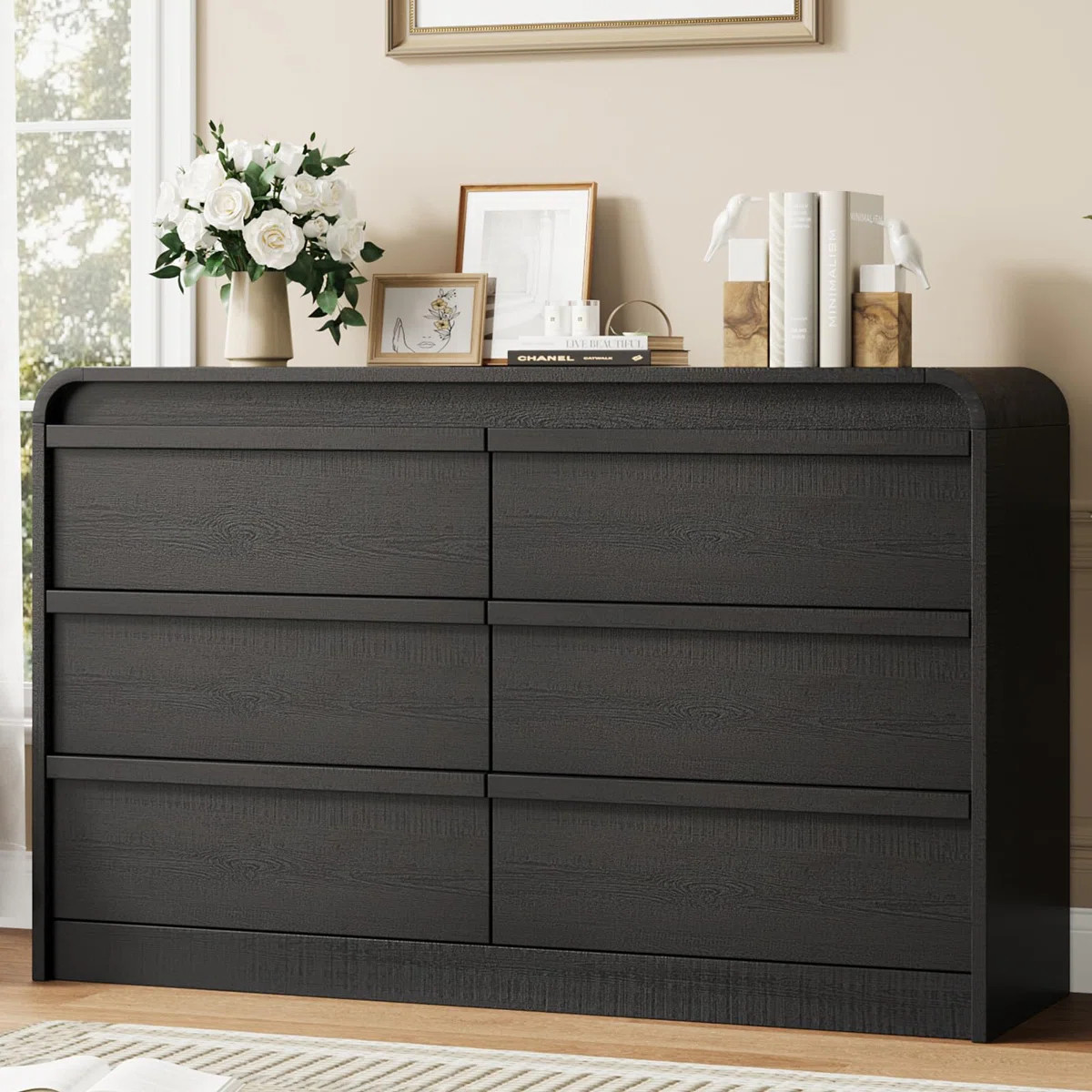 GarveeHome Modern Arched 6 Drawer Dining Table Dresser - Wide Black Wooden Double Chest, Curved E... | Wayfair North America