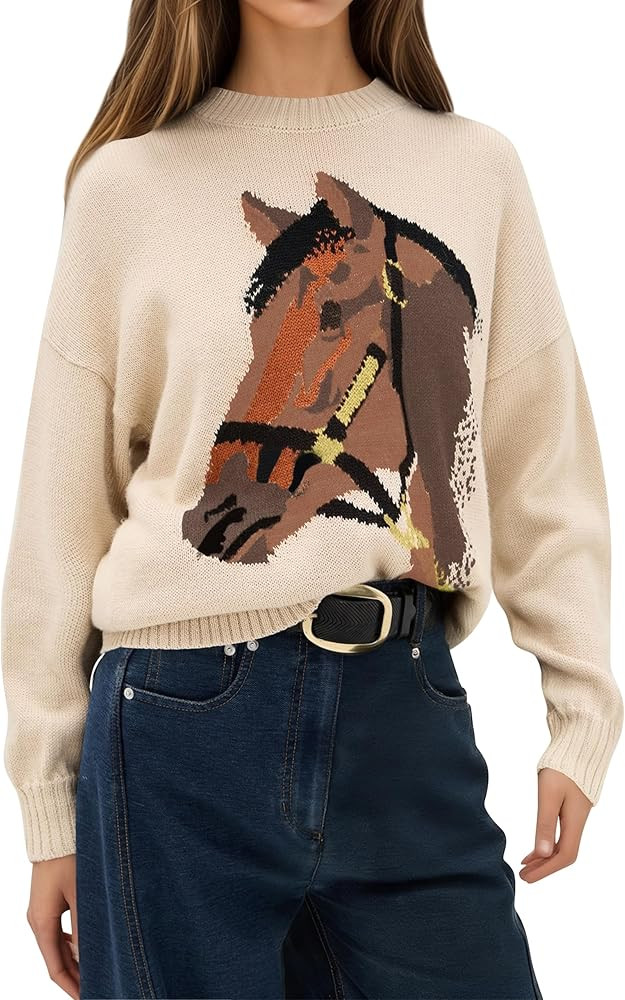 Crew Neck Horse Sweater for Women Y2k Long Sleeve Sweaters Oversized Graphic Knit Pullover Fall W... | Amazon (US)