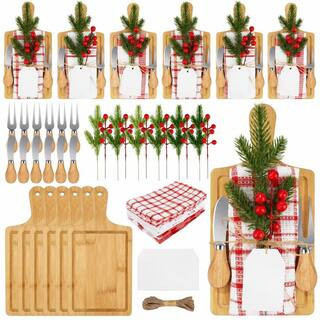 6-Set Christmas Wooden Charcuterie Cutting Board Kit with Cheese Knives Forks Tea Towels Faux Berries | The Home Depot
