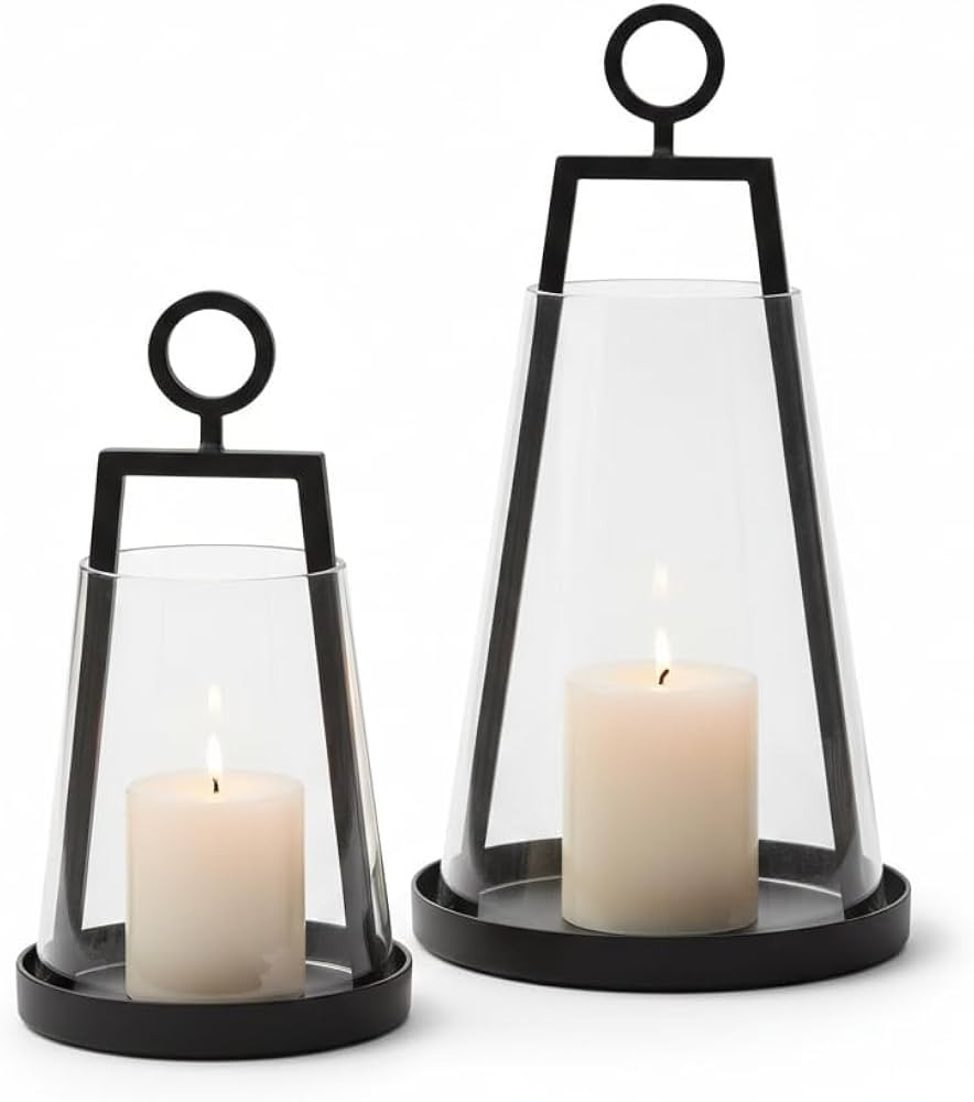 Set of 2 Hurricane Candle Holders, Metal & Glass Decorative Lanterns, Handcrafted Pillar Candle S... | Amazon (US)