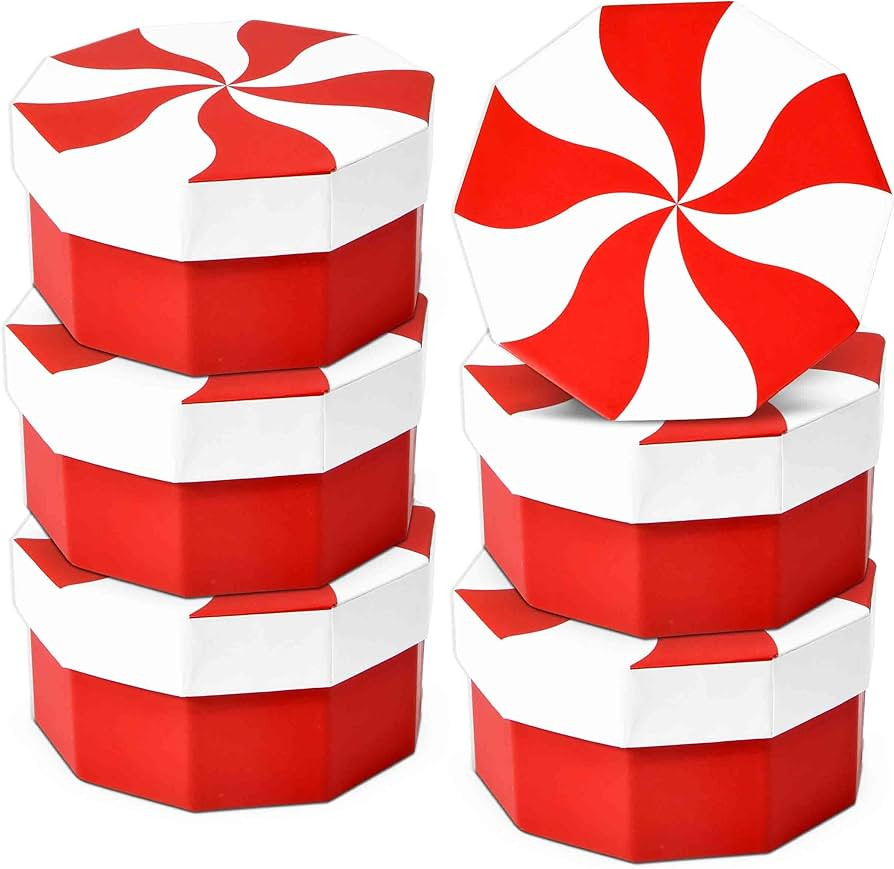Small Christmas Gift Boxes 6 Pack Red and White Candy Cane Design 4.5 inch Round Boxes for Gift C... | Amazon (US)