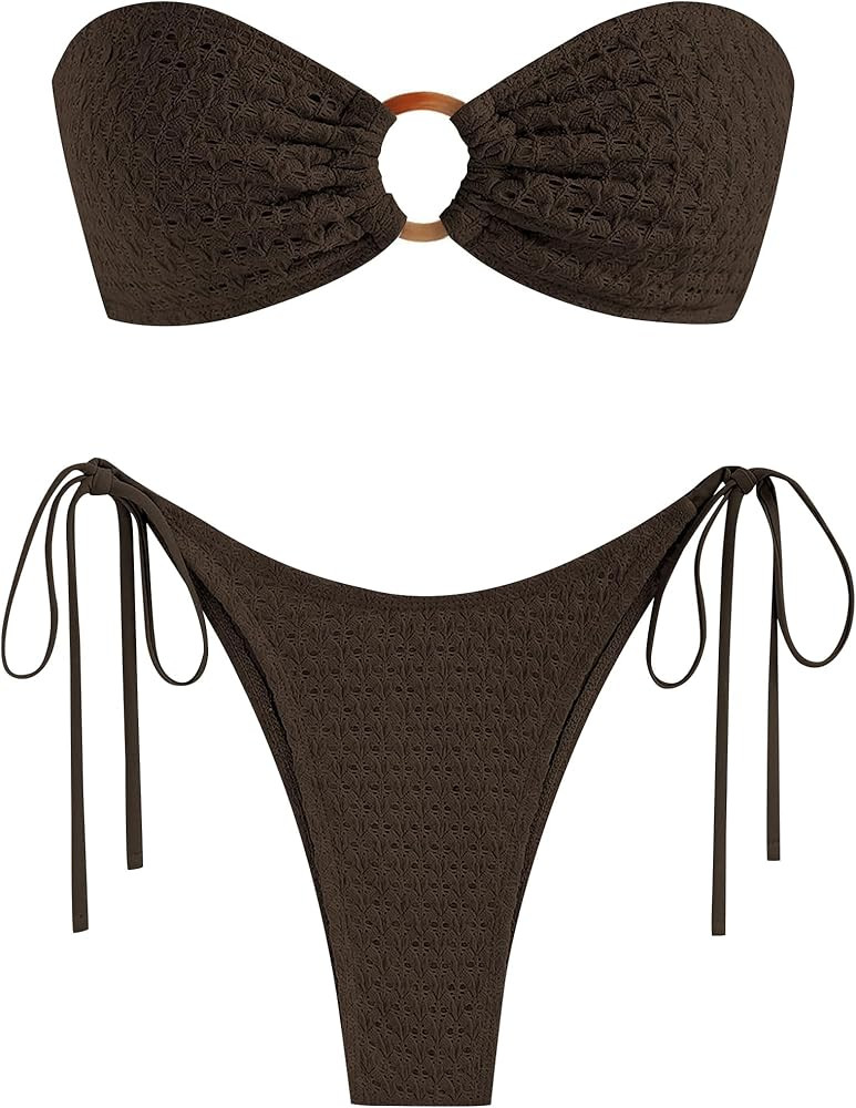 ZAFUL Women's Bandeau Bikini Strapless O Ring Lace Tie Back High Cut Two Piece Swimsuit Bathing S... | Amazon (US)