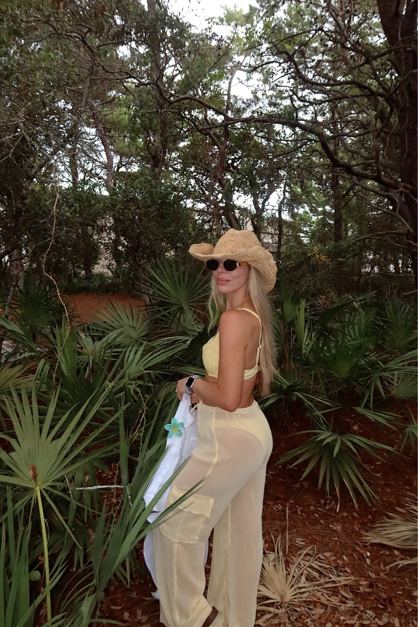 Butter yellow bikini and sheer matching cover up pants, linen shirt, straw hat beach summer outfit. Target on sale! Wearing S top and bottom and XS pants. Linen shirt is old Zara and hat is Monday swim linked  

#LTKTravel #LTKFindsUnder50 #LTKSwim