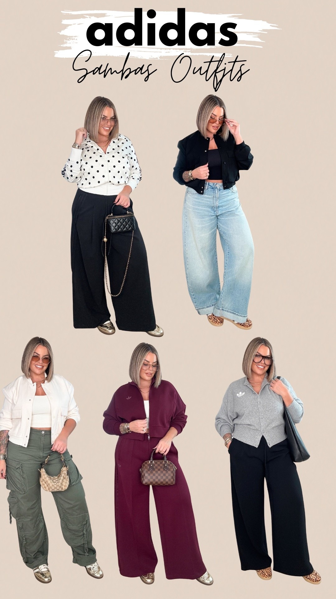 Five @adidas samba outfit ideas for fall. #createdwithadidas #adidaspartner 


 🗣️Any items that are not adidas will be linked on their own dedicated LTK posts so check my main page for those looks. 

Polka dot jacket XL ( size up it runs small ) 
Black adidas pants L 
Grey adidas cardigan L - also linked the matching pants I have in xl 
Burgundy jacket M 
Burgundy pants are sold out in most sizes in adidas but I linked for you on a separate post from another retailer. 

Sneakers fit TTS