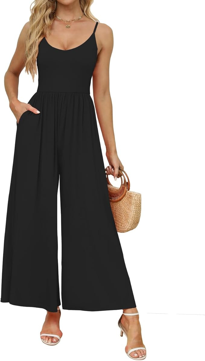 Tanou Women's Backless Jumpsuits Casual Sleeveless Scoop Neck Spaghetti Straps Jumpsuit Wide Leg ... | Amazon (US)